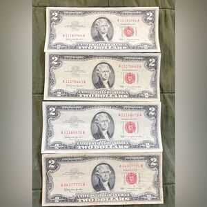 4 red stamp $2 dollar bills , 1963, circulated
